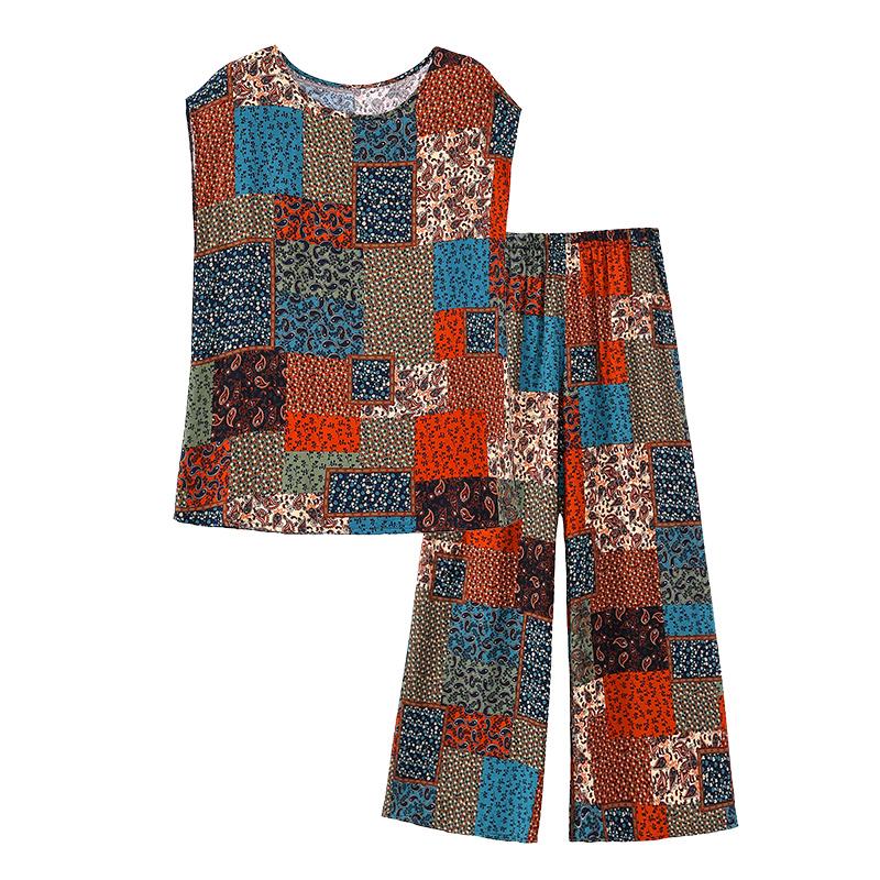 Seturi de pantaloni de vară marimi mari pentru femei, elegante, largi, cu imprimeu vintage, 2 piese