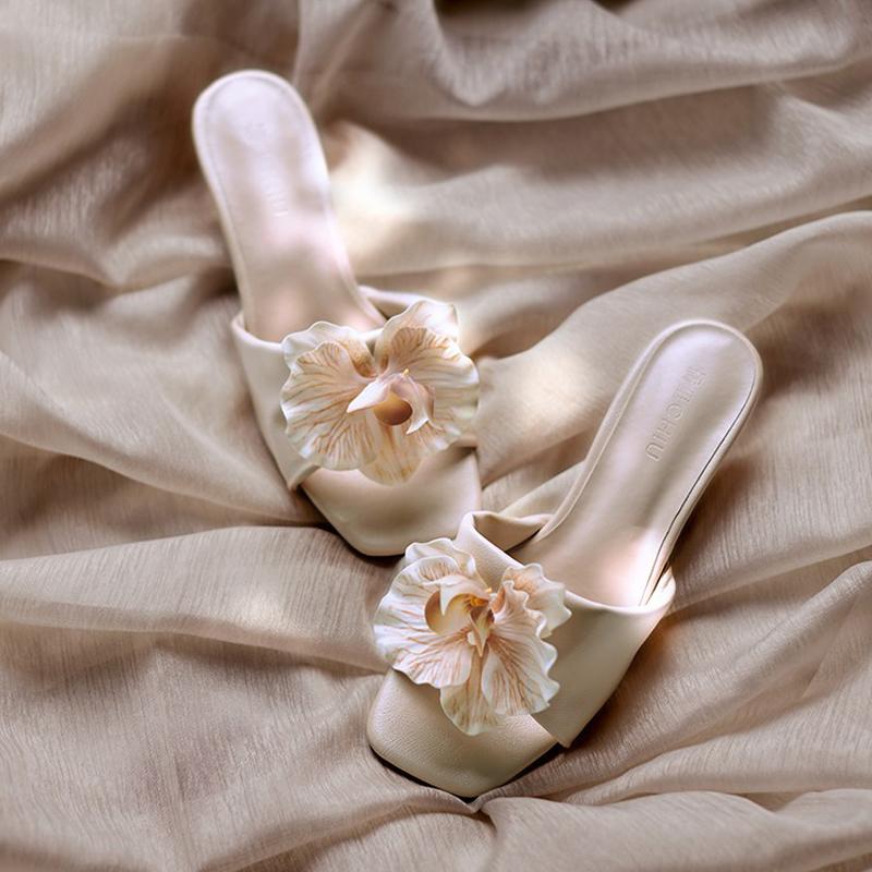 

Fashion Elegant Nude Color Butterfly Orchid Flower Stiletto Mule Slide Woman Brand Design Square Toe Gentle Kitten Heel Floral Pump Shoe 40 кремовый