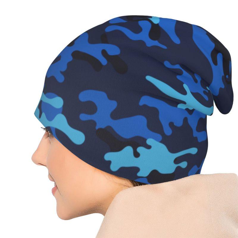 Blue Camouflage Pattern Beanie Hat Women Men Warm Bonnet Cap Adults Knitted Hat Headwear Vintage Street Skullies Beanies