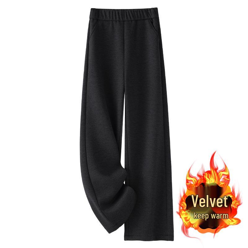 2024 Women's Gray Wool Wide-Leg Pants: Soft, Fleece-Lined, Thickened for Autumn/Winter