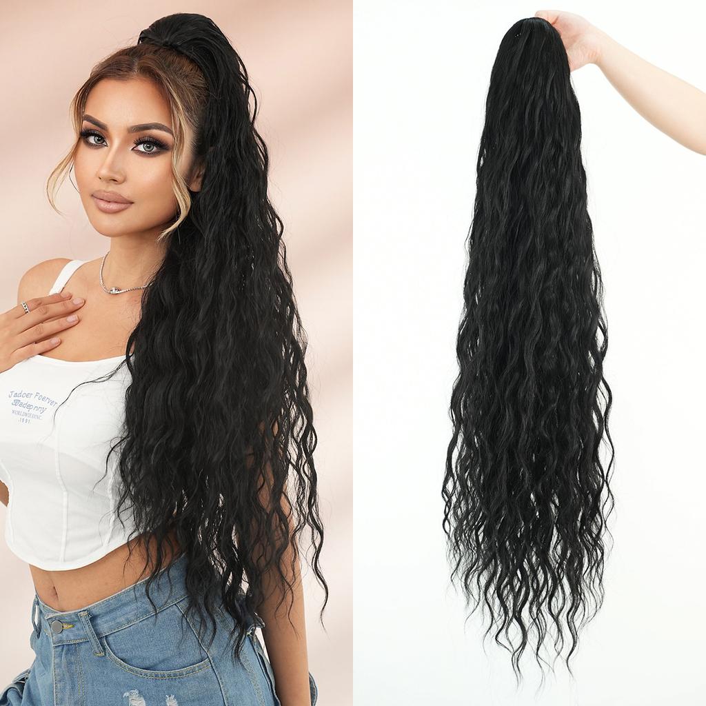 Damen Mode Flauschig 36 Zoll Extra Lang Lockiger Pferdeschwanz Erweiterung Zugband Wasserwelle Pferdeschwanz mit Elastischem Netz