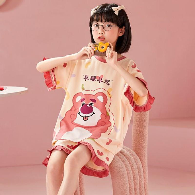 Girls Cotton Cartoon Pajama Set Short Sleeve Shorts Sleepwear Kids 8 Years