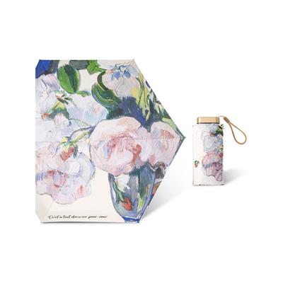 Micro Mini Manual Compact Umbrella Rose Oil Painting Umbrella Pink with Multicolored Flowers Travel Umbrella for Woman