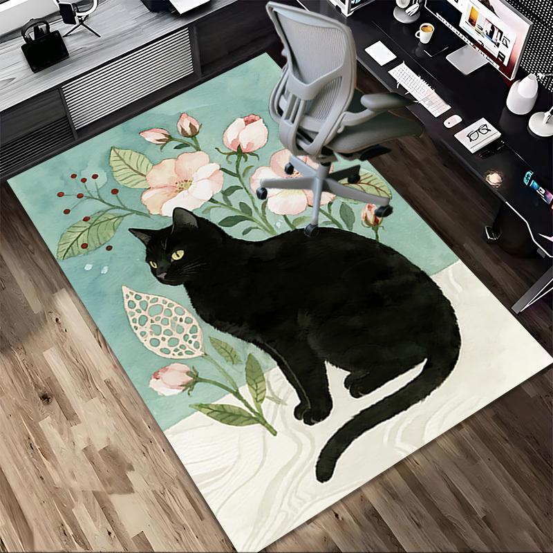 Black Cat Flowers Pattern Area Rug, Office Carpet Indoor Outdoor Entrance Doormat, Non-Slip Soft And Comfortable, Living Room, C122040