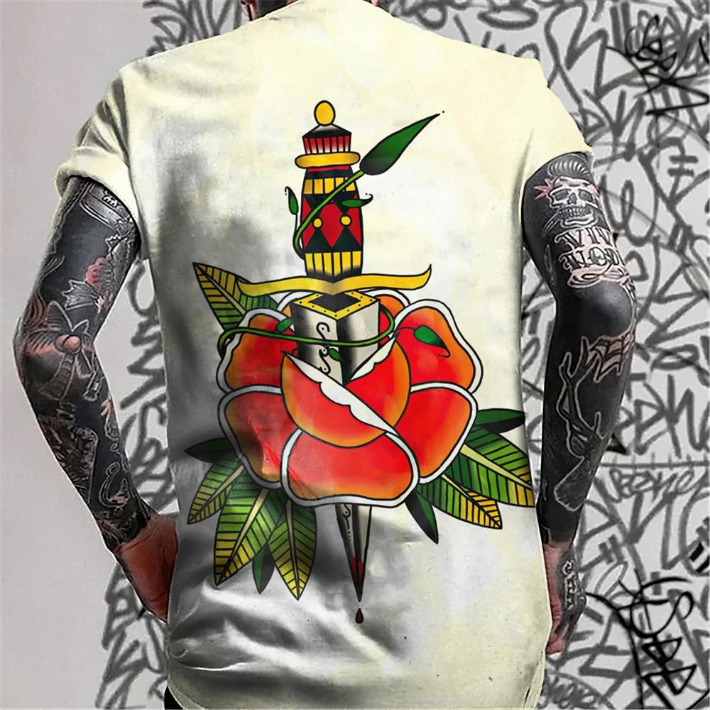 Men's Retro Tattoo Style T-shirt Trend 3D Printing Street Short Sleeved Hip-hop Punk Style Men's T-shirt Oversized Mens Clothing