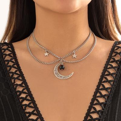 Accessoires, einfache geometrische U-förmige Halskette, Retro süße und coole mit Fransen versehene Halskette in Mond- und Sternform für Damen