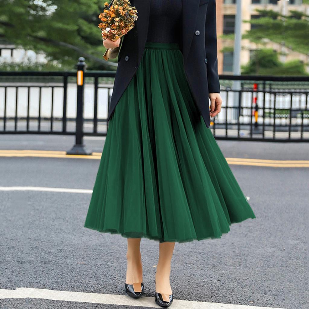 Women's Fashionable Color Loose Mesh Skirt, Elastic High Waist Large Swing Skirt, Pleated Skirt
