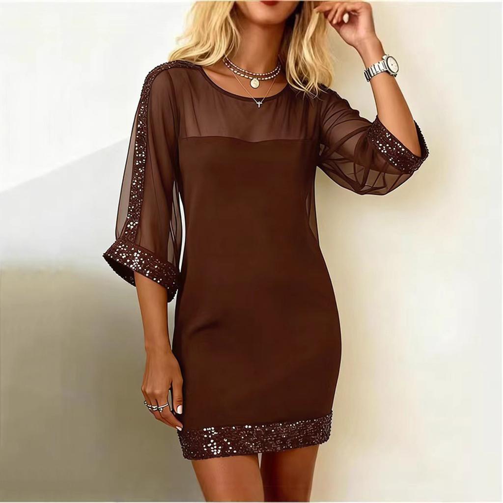 Women's Fashion Stitching Mesh Sequins Round Neck Sexy Slim-Fit 3/4 Sleeve Dress