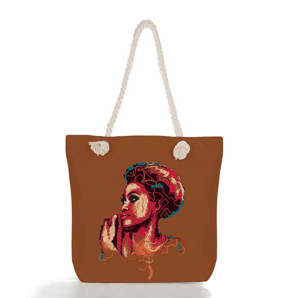 Multifunctional Black Girl Printed Thick Rope Shoulder Beach Bag Casual Large Capacity Handbag 0105