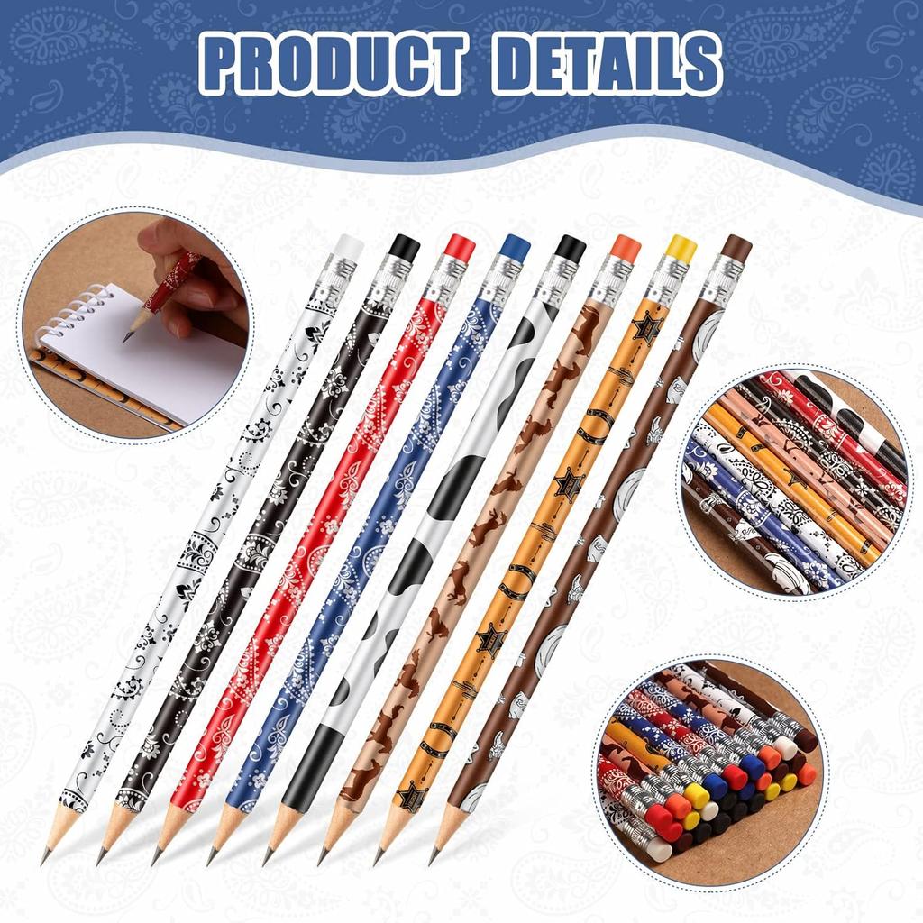 Teling 32 Pcs Western Cowboy Cowgirl Pencils for Kids Fun Cowboy Horse Theme Decorative Wood Pencils with Eraser for Horse Racing Party Favors
