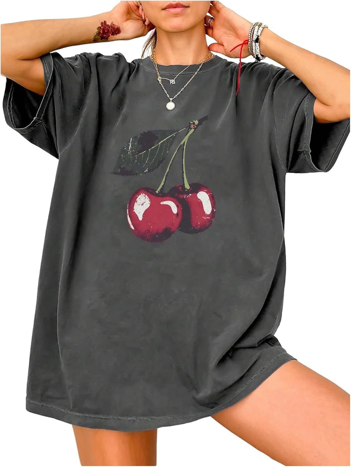 RoseSeek Women s Cherry Graphic Tees Top Crewneck Short Sleeve Baggy T Shirt S разноцветный