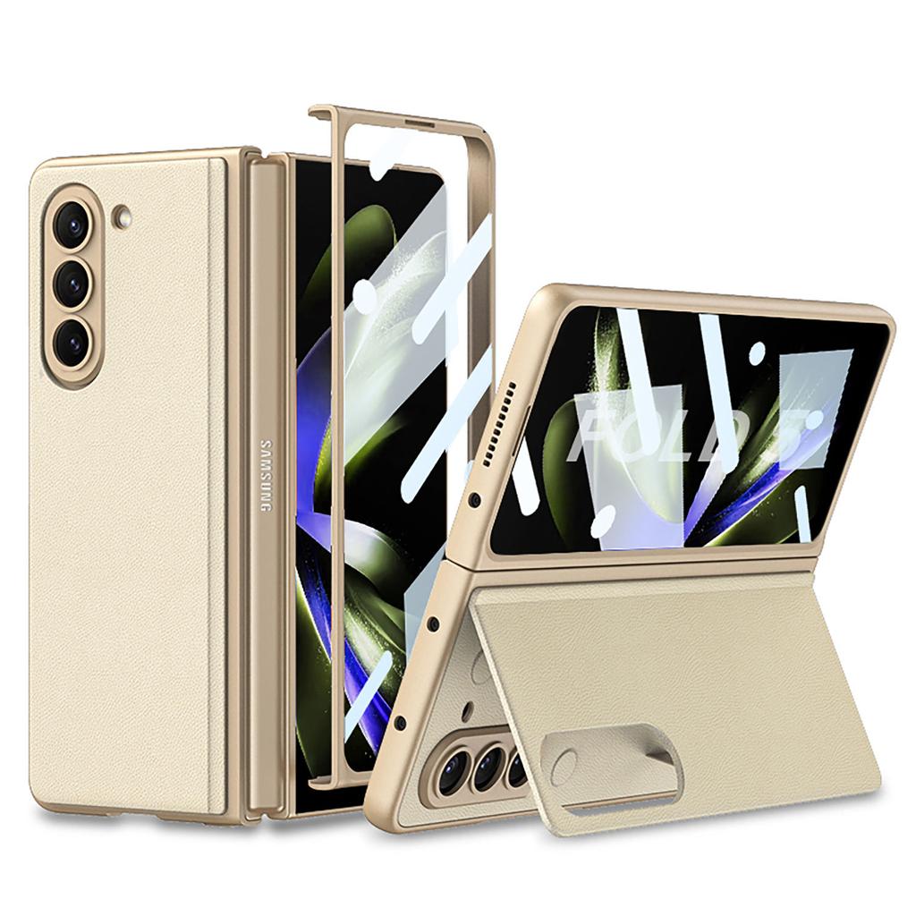 Plain Leather Case for Samsung Galaxy Z Fold 5 Ultra-thin Bracket Holster Shell-membrane Drop Full Protection Cover