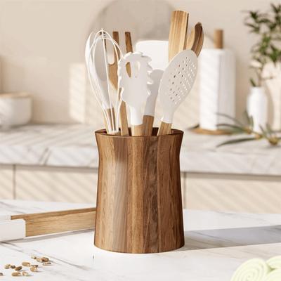Wooden 360-Degree Rotating Utensil Holder Farmhouse Style Trapezoidal Cutlery Organizer Smooth Surface Dinnerware Rack Spatulas