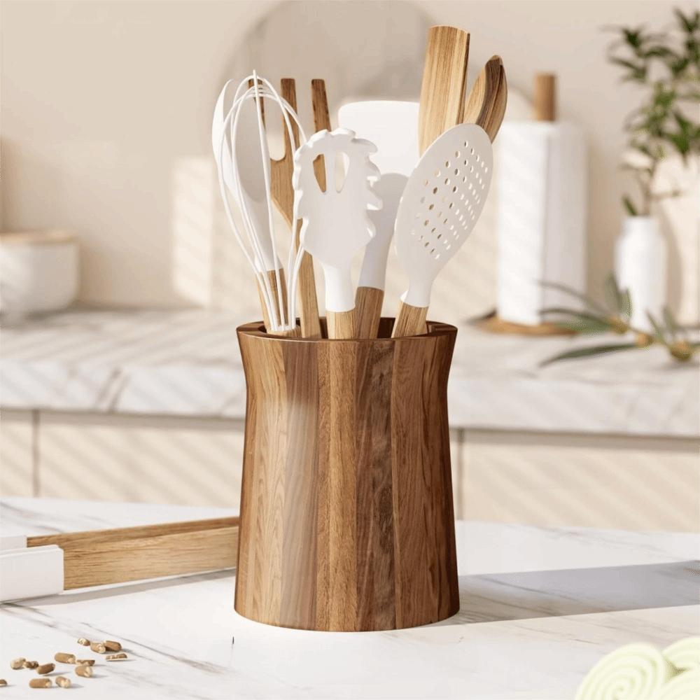 Wooden 360-Degree Rotating Utensil Holder Farmhouse Style Trapezoidal Cutlery Organizer Smooth Surface Dinnerware Rack Spatulas