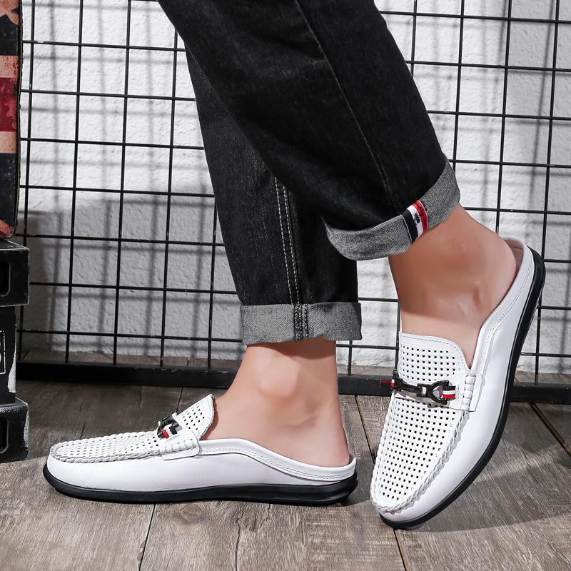 Fashion New Breathable Dress Shoes Genuine Leather Mens Slip on Shoes Fashion Men Half Loafers Slides Breathable Mules for Man Flats