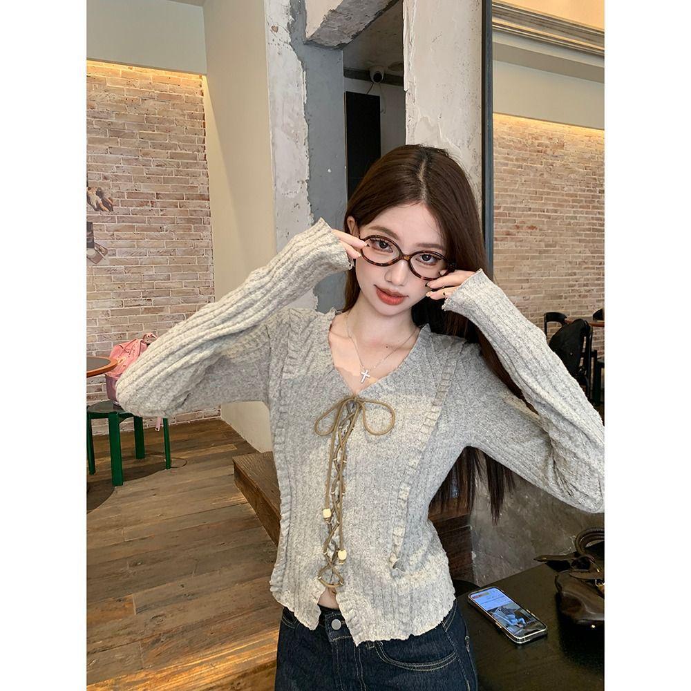 Women's Retro Tie-Up Design Long-Sleeve Textured Cropped T-Shirt for Autumn/Winter