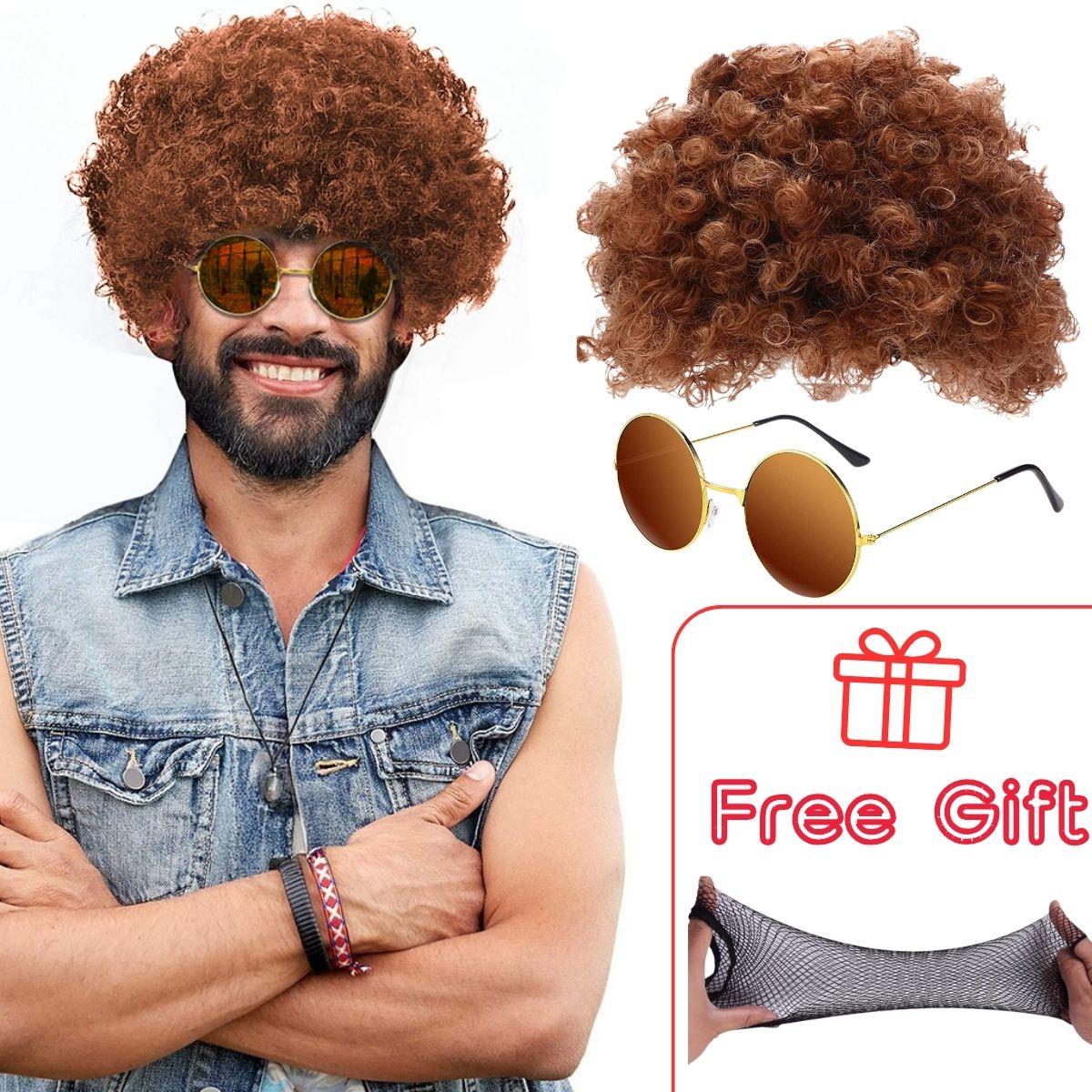 

Кудрявый и Пушистый Костюм Диско Стиль Синтетический Парик для Мужчин С Очками Вечеринка или Косплей Костюм Подарки коричневый