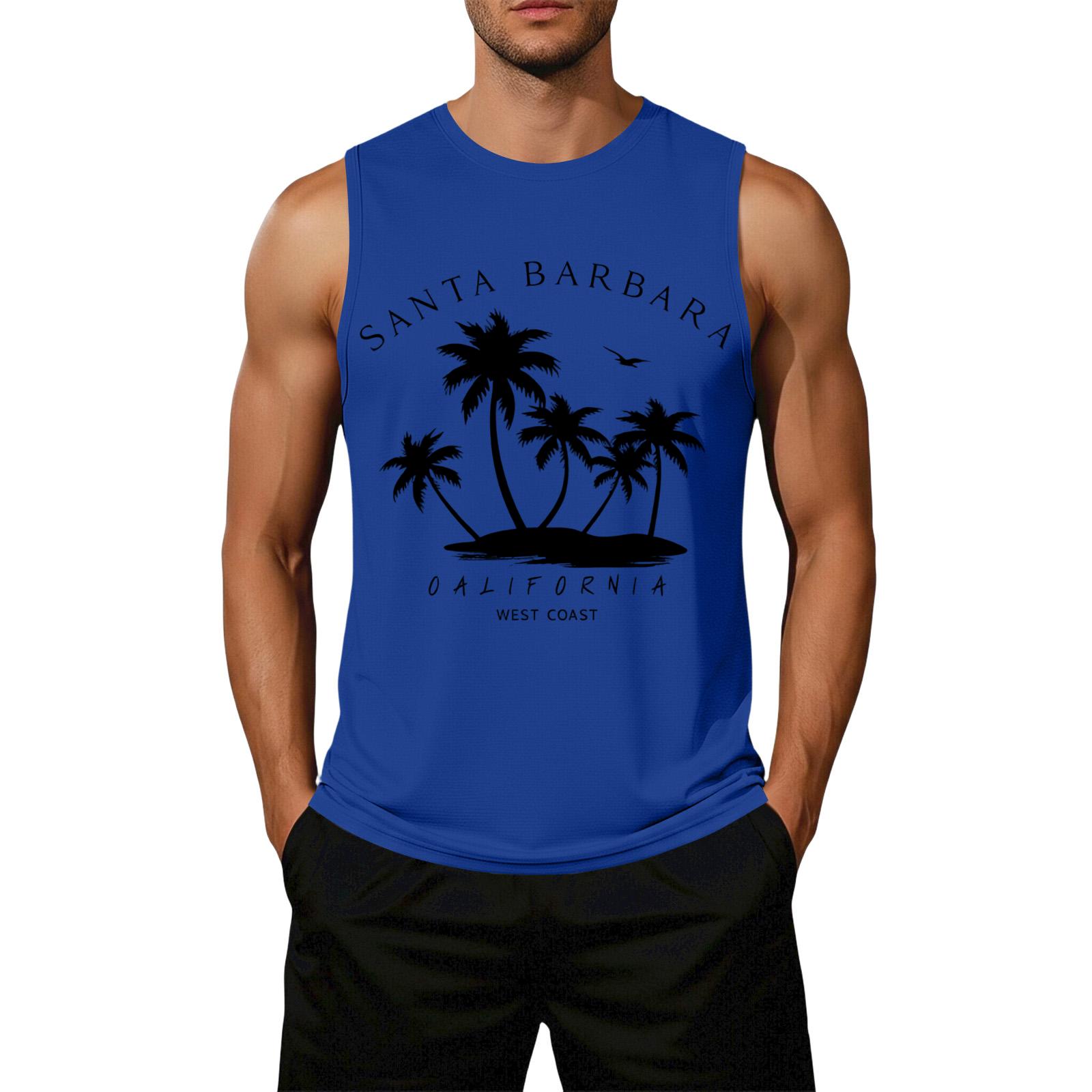 

Men Loose Fit Sleeveless Top with Flag and Tree Print Casual Pullover for Outdoor Activities and Everyday Wear XL синий