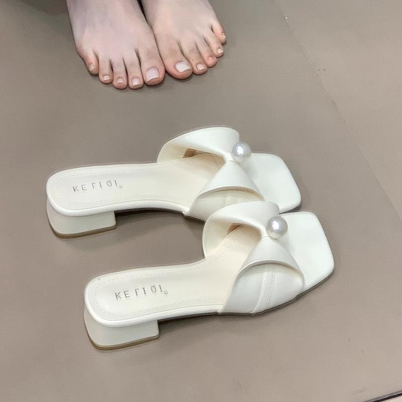 

French thick heel bow pearl square head cool slippers women s summer versatile outer wear with skirt fairy one-word slippers 40