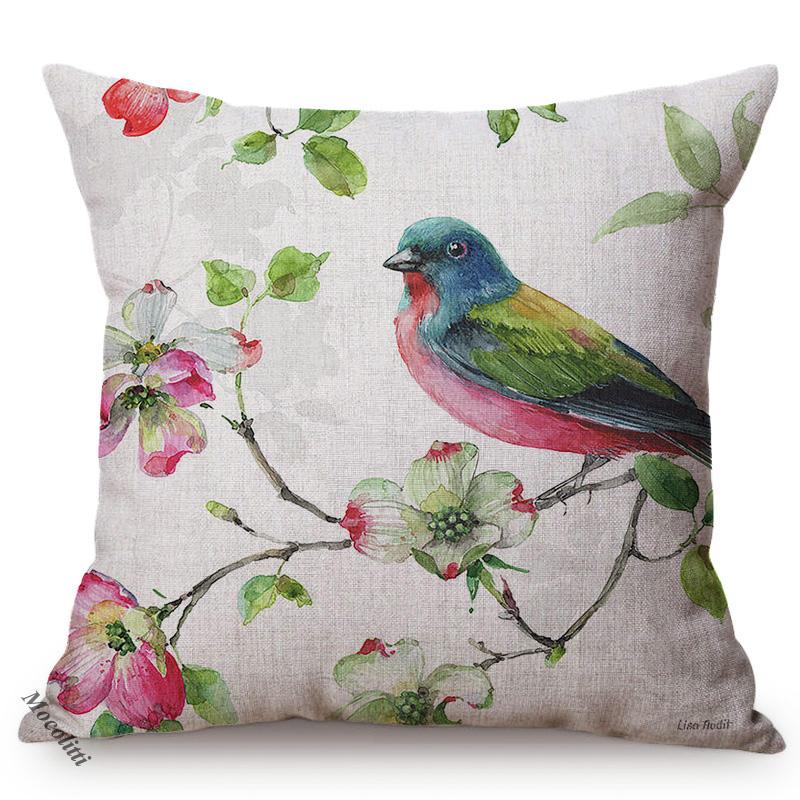 Nordic Water Color Birdcage Birds Sofa Decoration Throw Pillow Case Plum Blossom Garden Cotton Linen Print Cushion Cover Cojines