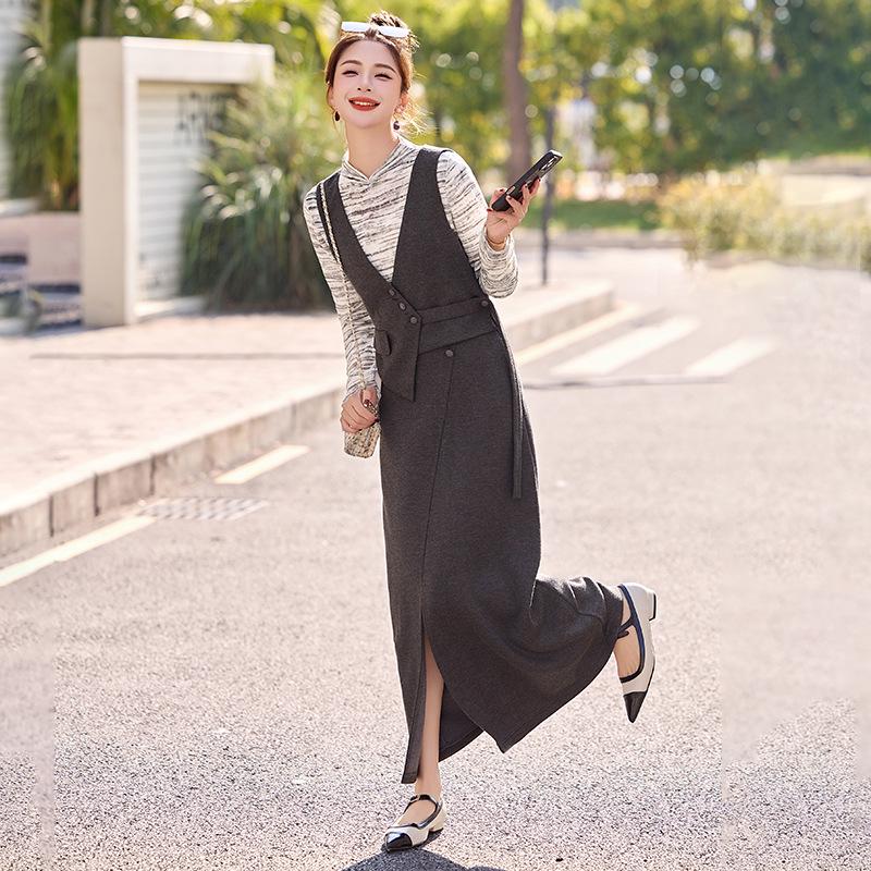 2025 Spring Elegant Long Sleeve Shirt, Vest, and Long Dress Three-Piece Set - SX3095