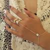 Minimalist Green Rhinestone Leaf Finger Ring Bracelet for Women Elegant Imitation Pearl Zircon Link Chain Hand Jewelry