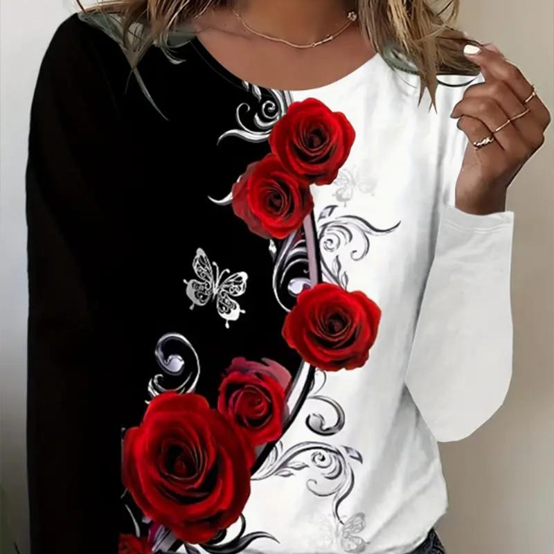 Bluzki damskie T-shirt z długim rękawem z okrągłym dekoltem i kwiatowym nadrukiem 3D róży Jesienny casualowy dopasowany sweter Damska bluzka z długim rękawem