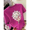 New Sweet Style Pearl and Rhinestone Bouquet Print Short Sleeve Round Neck Shirt T Women's T Shirt Suitable for Casual Outings In Spring and