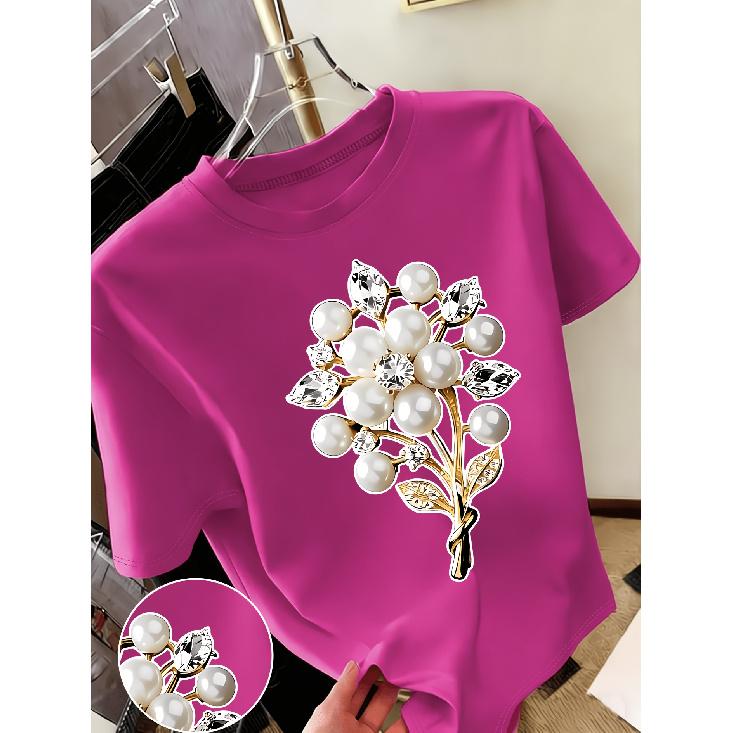 New Sweet Style Pearl and Rhinestone Bouquet Print Short Sleeve Round Neck Shirt T Women's T Shirt Suitable for Casual Outings In Spring and