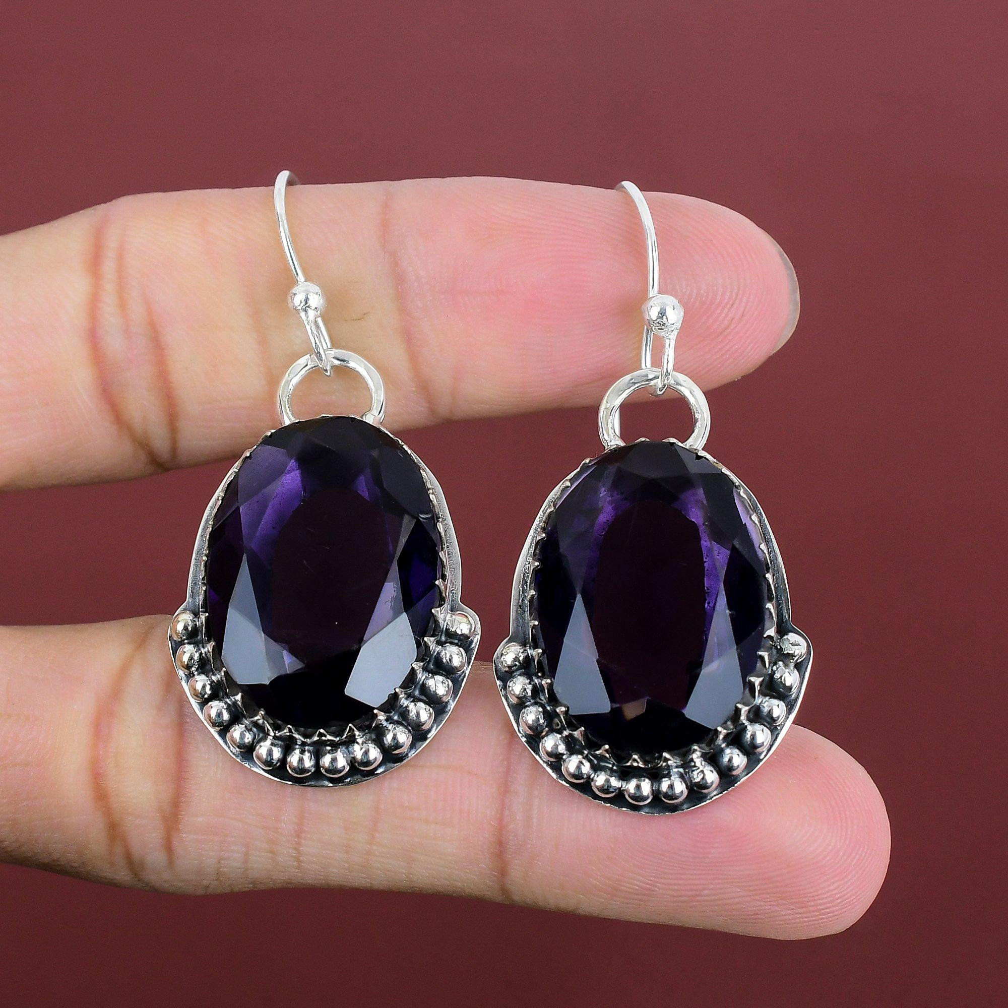 Серьги с граненым африканским аметистом, серебряные серьги 925 пробы, висячие серьги ручной работы, серебряные ювелирные изделия, серьги с настоящими драгоценными камнями, подарки для нее