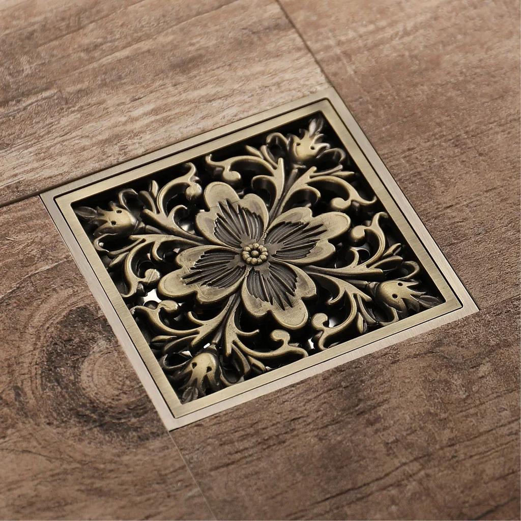 Desagüe de Piso de Baño Cuadrado 10 cm Bronce Antiguo Desagüe de Ducha Cepillado 4 Pulgadas Descarga por Gravedad Balcón Desagües de Drenaje de Baño