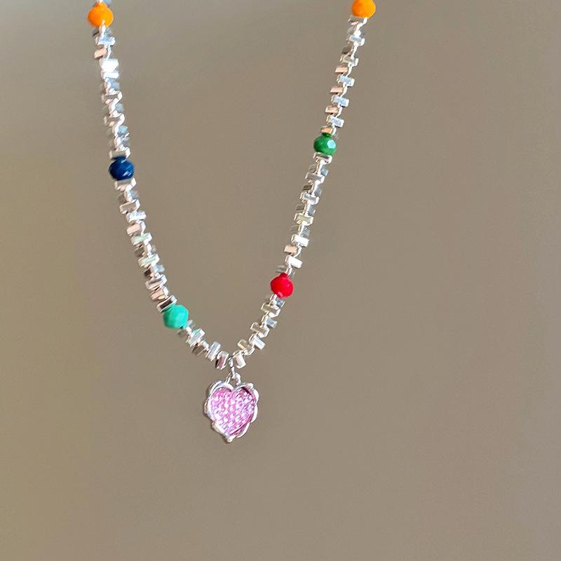 Trend Sweet Cool Wind Colorful Stone Heart Necklace for Women Pink Heart Chains Necklaces Pendants Fashion Aesthetic Y2K Jewelry