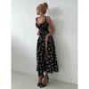 Women's Summer Lemon Floral Print Spaghetti Strap Midi Dress Tie Front Low Cut High Waist Side Slit Elegant Vacation Party Dress