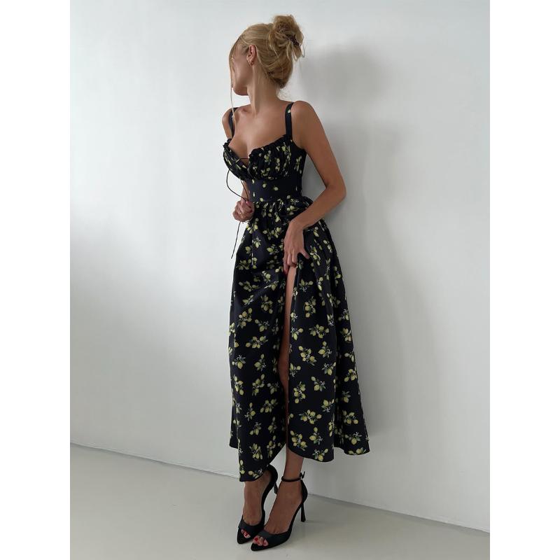 Women's Summer Lemon Floral Print Spaghetti Strap Midi Dress Tie Front Low Cut High Waist Side Slit Elegant Vacation Party Dress