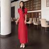 European & American Women's Fashion: Solid Color Round Neck Short Sleeve Buttoned Bodycon Dress (Style 2026)