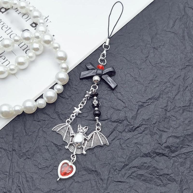 Halloween Gothic Punk Bat Phone Charm for Women Men Cross Pendant Mobile Phone Chain Y2K Bowknot Heart Lanyard Keychain