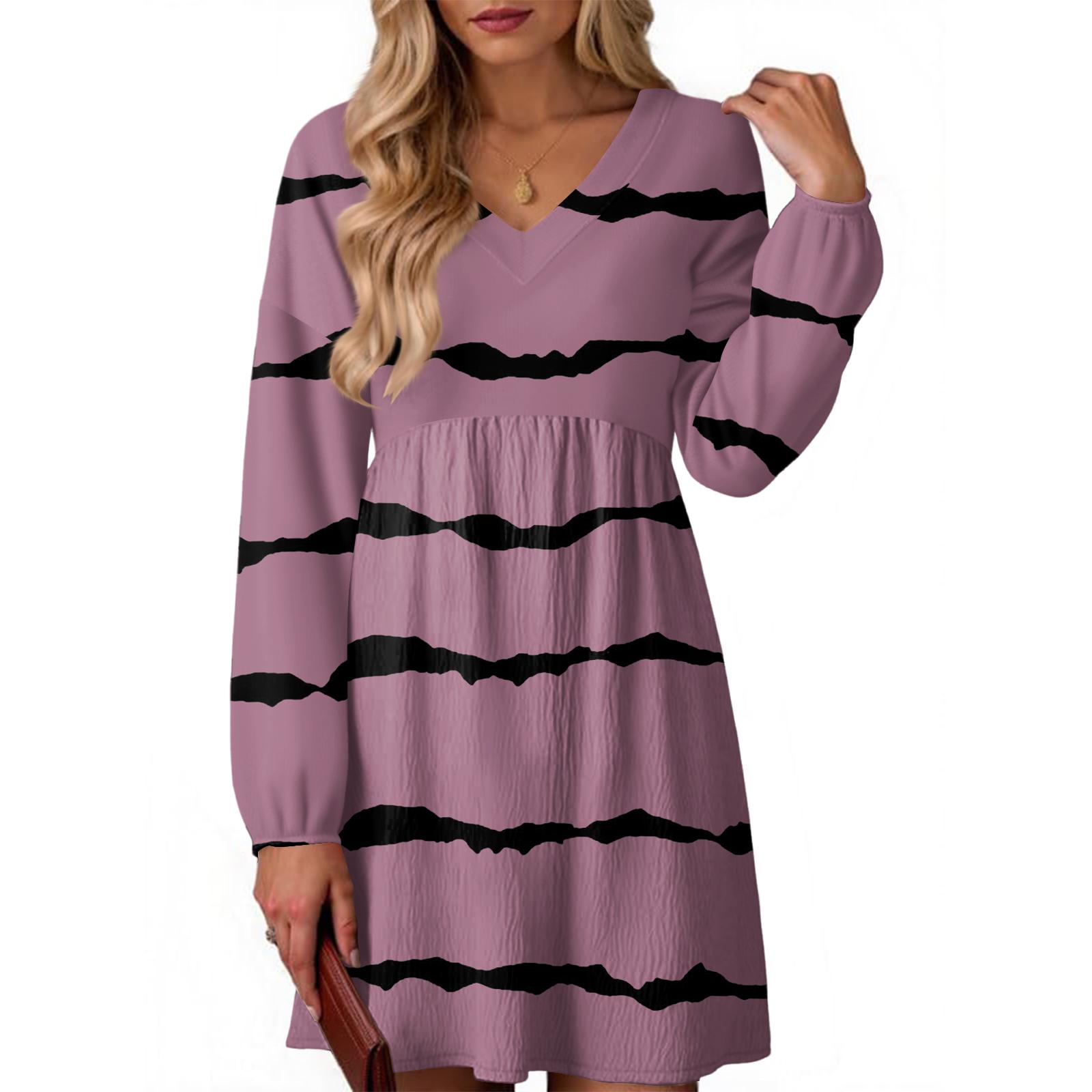 

Women s Fashion Striped V-Neck Long Sleeve Dress S