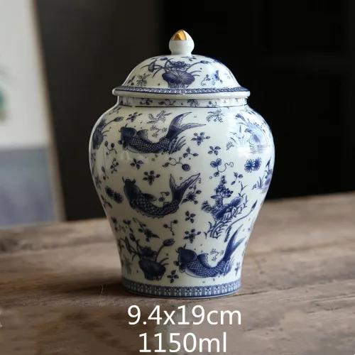 Chinese Vintage Blue and White Porcelain General Jar Ceramic Ginger Jar Airtight Storage Tank Porcelain Crafts Decoration