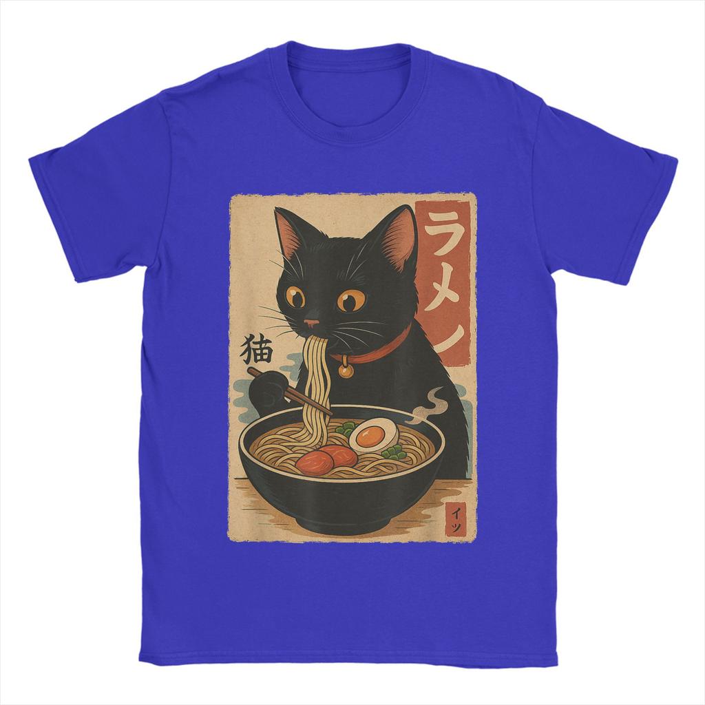 Japanese Black Cat Ramen Men's T Shirt Kawaii Noodle Cat Tee Shirt Short Sleeve Round Collar T-Shirt Pure Cotton Printed Clothes
