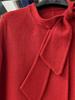 Women's Red Bow Ribbon Cashmere Coat - French Sweet Rich Girl Style, Double-Sided Woolen Petite Coat for New Year
