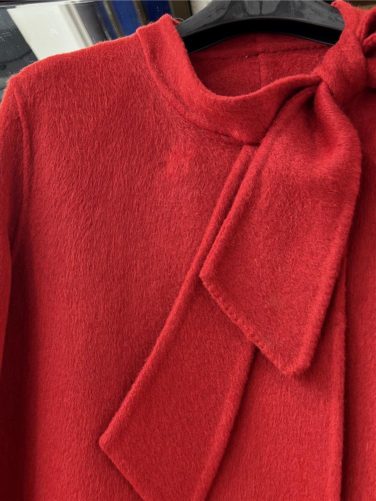 Women's Red Bow Ribbon Cashmere Coat - French Sweet Rich Girl Style, Double-Sided Woolen Petite Coat for New Year