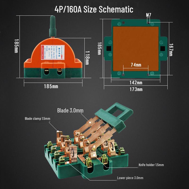 3P 63A Double-Pole Double-Throw Reversing Knife Switch, 100A Three-Phase, Dual Power Transfer