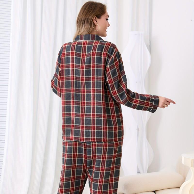 Plus Size Womens Winter Long Sleeve Pajama Set With Gray Red Plaid Comfortable Home Loungewear