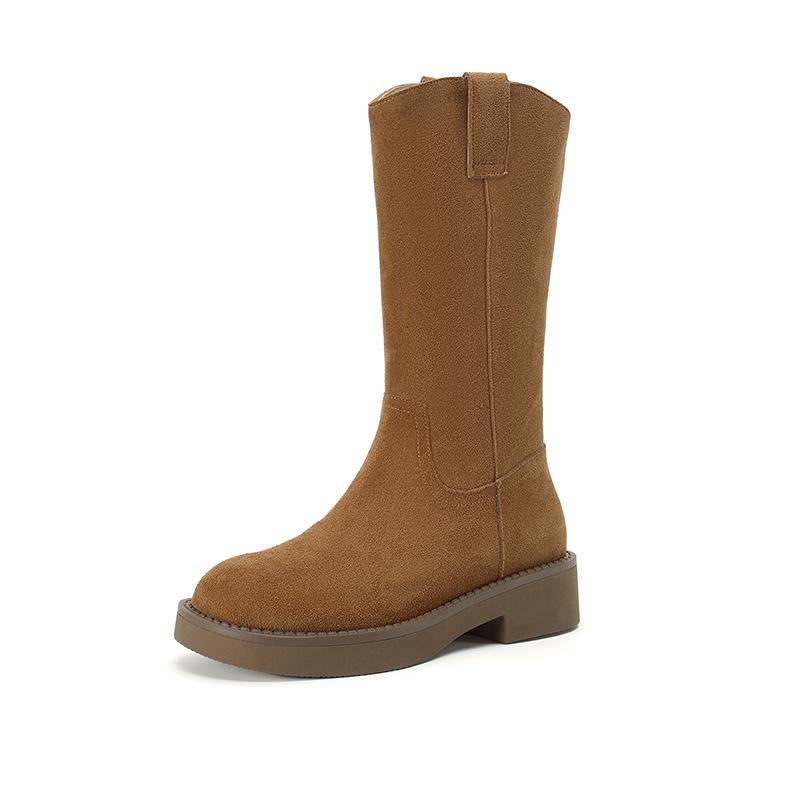 Mode 2025 Neue Damenstiefel mit runder Spitze, mittelhohem Schaft aus Kuhveloursleder, mit mittelhohem Absatz, Reiterstiefel, modische Slipper für die Party, moderne Damenschuhe