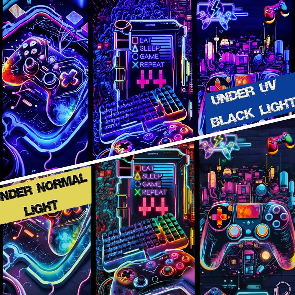 Galoker Blacklight Gaming Tapestry Cool Neon Game Controller Tapestry UV Reactive Gamer Player Wall Tapestries Funny Art Gaming Poster Tapestries