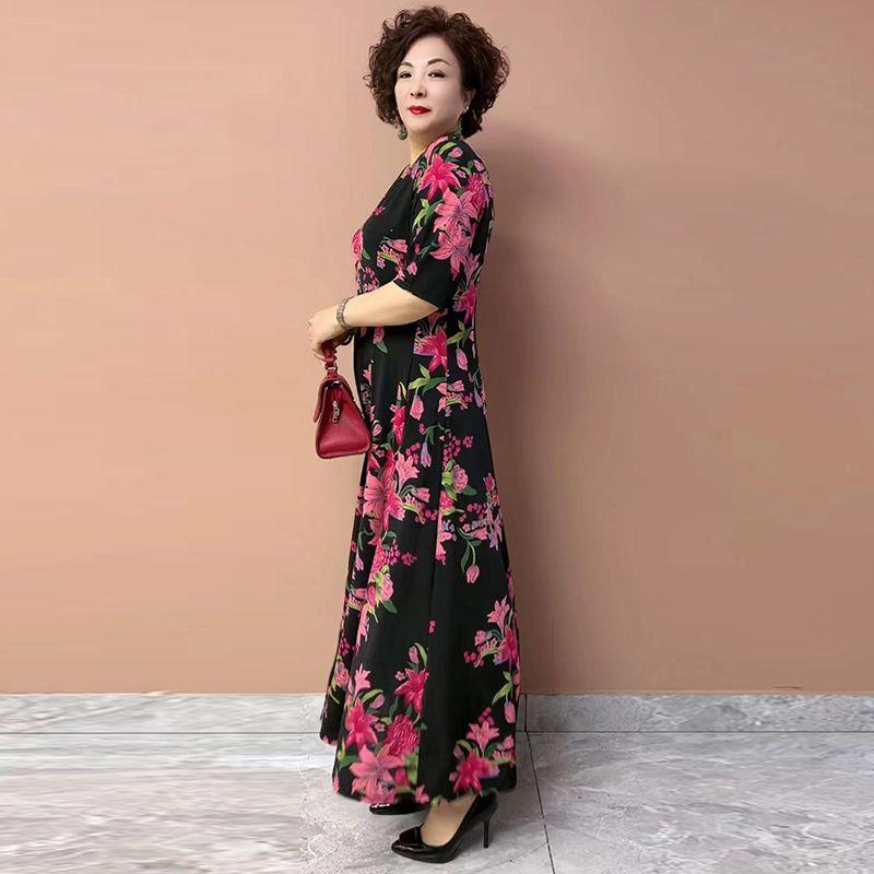 Summer Women's V-Neck Floral Dress Slim Fit Stretch Plus Size Dress Long Casual Dress