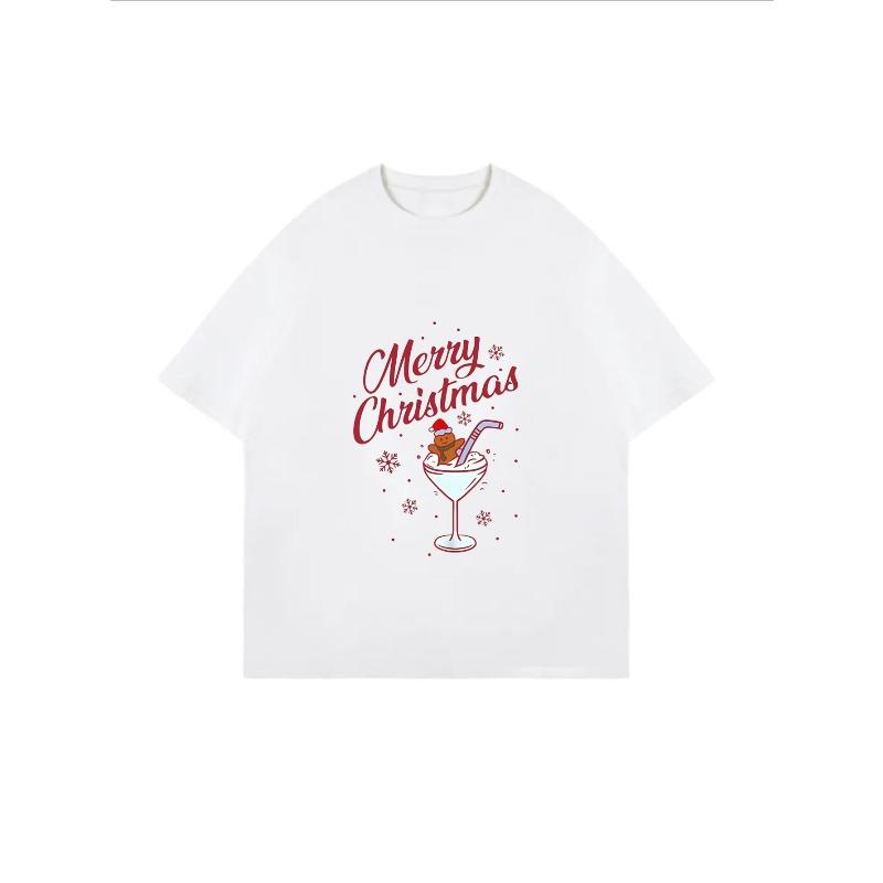 Christmas T Shirt White Merry Christmas Cocktail And Gingerbread Man Print Casual Wear For Holiday Season