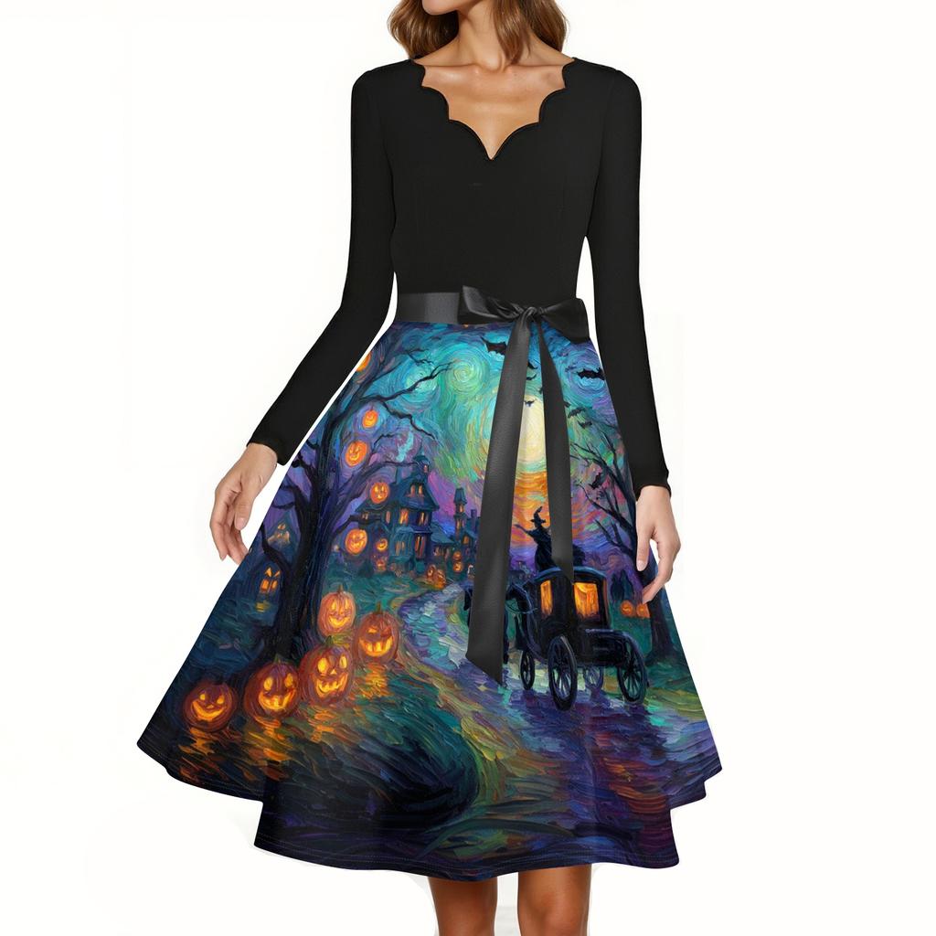 Women’s Casual Halloween Print V Neck Vintage Dress Long Sleeve A Line Midi Dress with Belt for Holiday Party Events