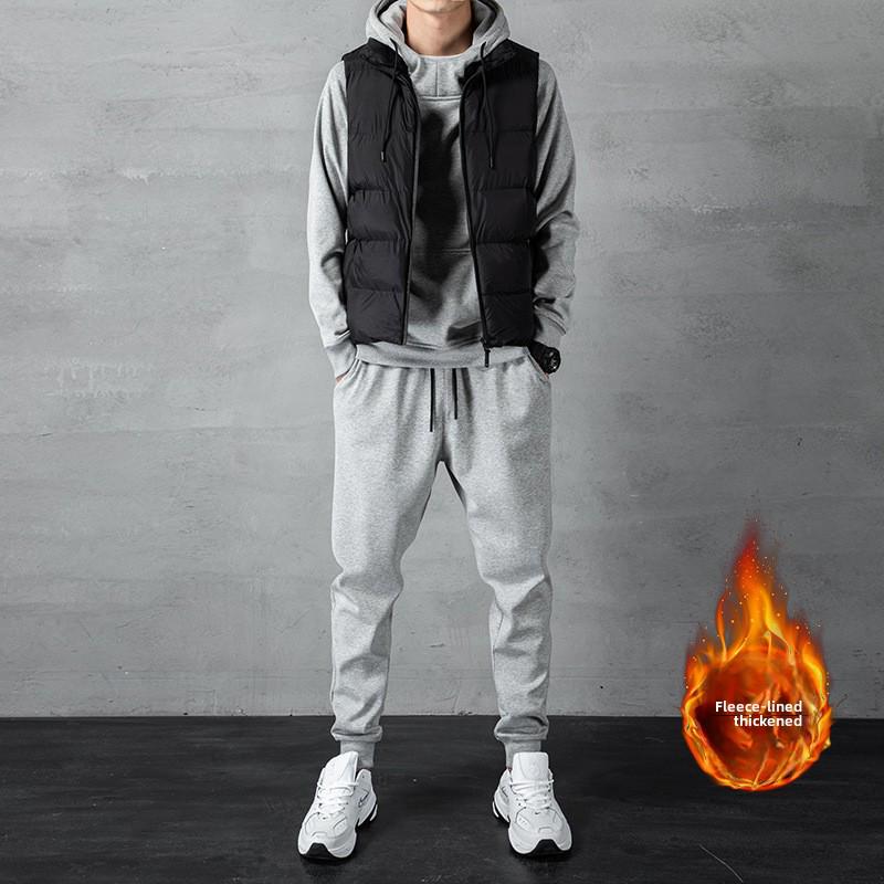 

Мужской осенне-зимний корейский свитер с капюшоном: Большой размер плюс бархатный толстый кардиган жилет комплект из 3 предметов XL