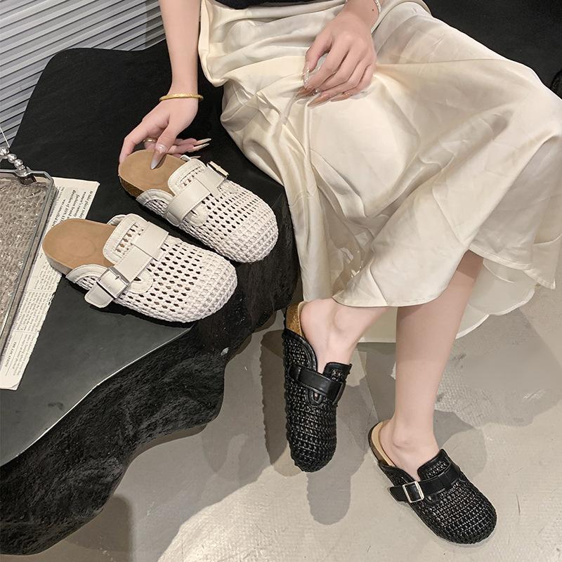 Baotou halvtofflor dam sommar 2025 nya enpedal damskor vävda tofflor Muller lata platåsandaler